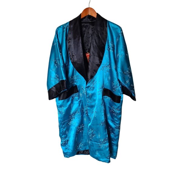 Reversible Kimono Blue Floral Black Embroidered Dragon S Small - Picture 3 of 9